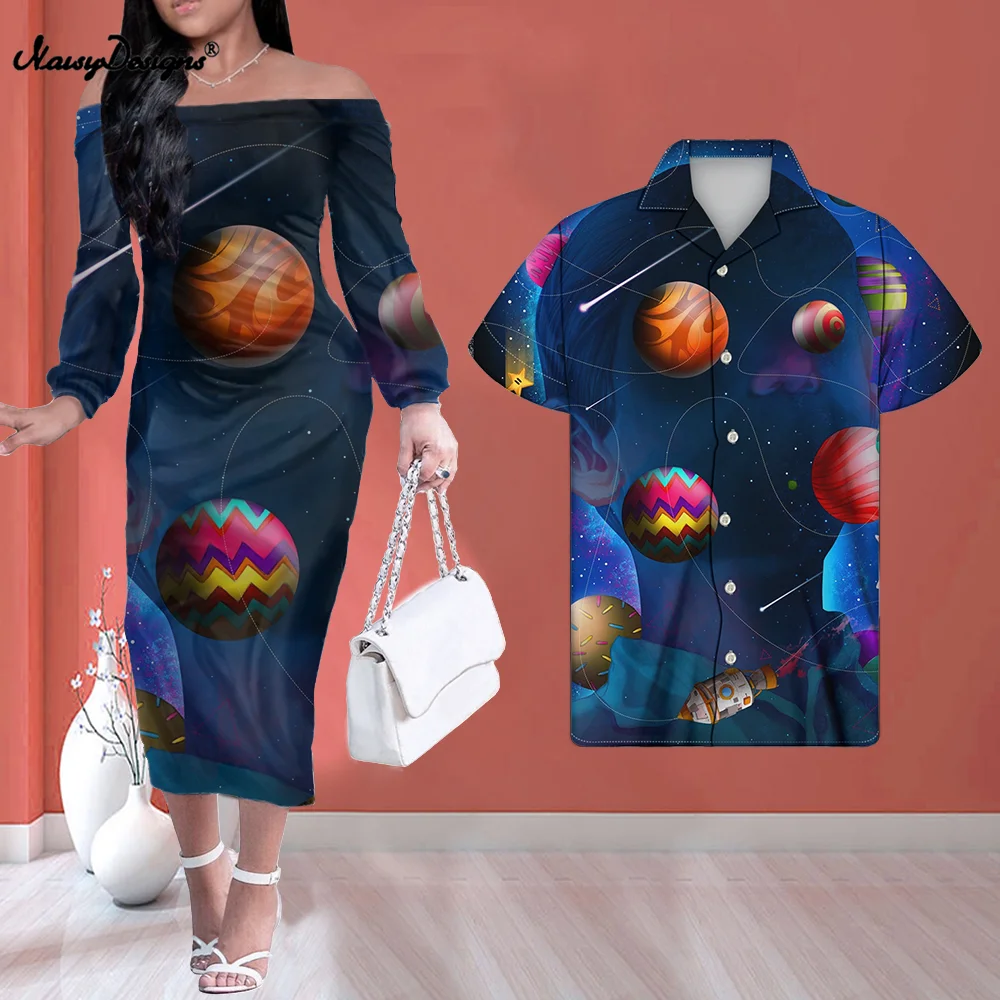 Noisydesigns Constellation Prints Women Long Sleeve Dress Couple Shirt Lady Party Off Shoulder Ruffles Bodycon Fall Summer 2022