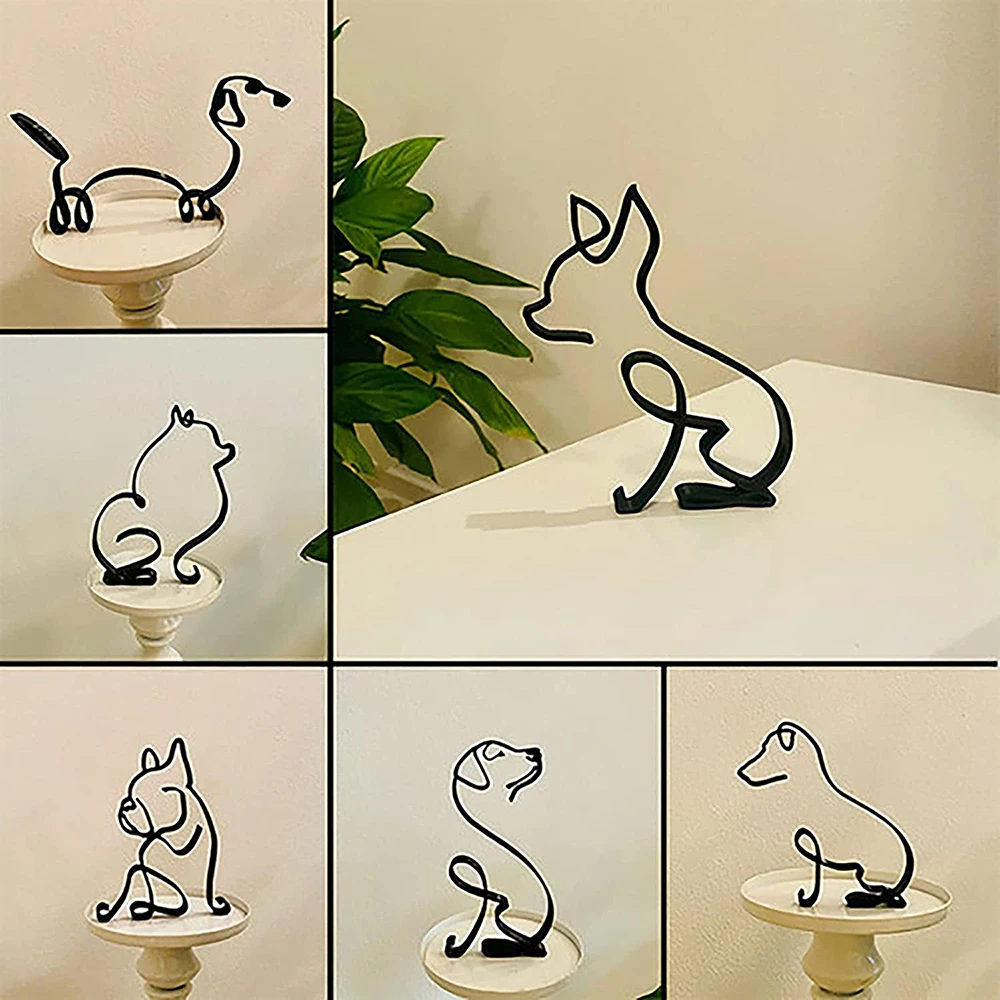 Minimalist Art Iron Sculpture Retro Metal Black Lines Handmade Figurines Abstract Dog Ornaments Office Desk Art Decorations Gift
