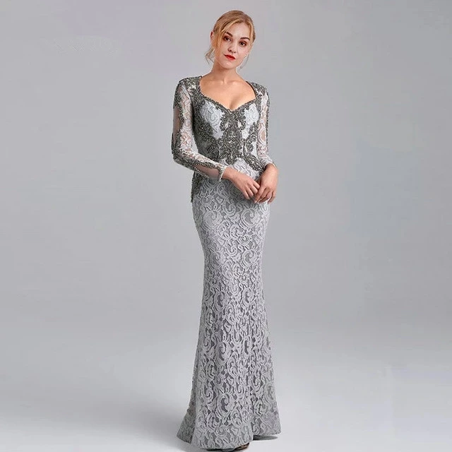 

Gray Mother Of The Bride Dresses Mermaid V-neck Long Sleeves Lace Beaded Plus Size Long Groom Mother Dresses For Wedding