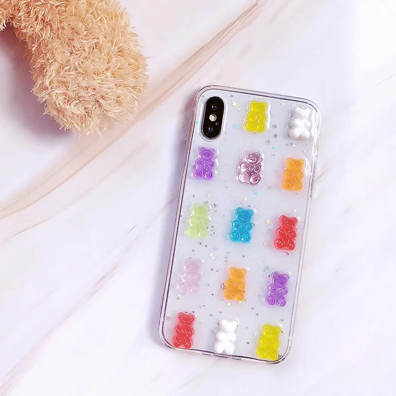 Cute 3D Stereo Candy Gummy Bear Glitter Phone Case For iPhone 15 14 13 12 11Pro Max X XS Max XR 11 13 Promax 14 15 Plus Cover