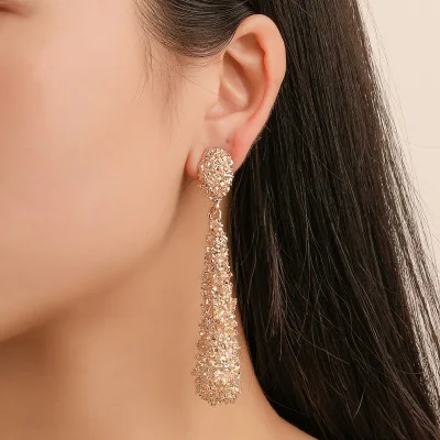 New fashion Exaggerated metal frosted long earrings drop-shaped relief long earrings