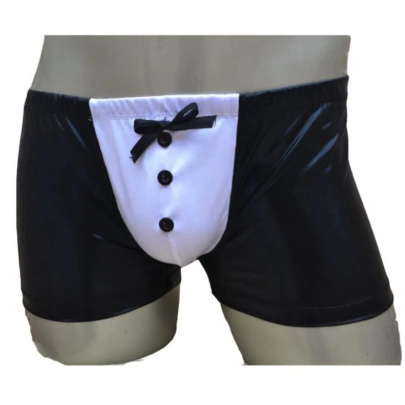 

Sexy Mens Chef Maid Wet Look Boxer Brief Bow Buttons Pouch Underwear Hipster Bikini Lingerie For Him Fetish Role Play Costume