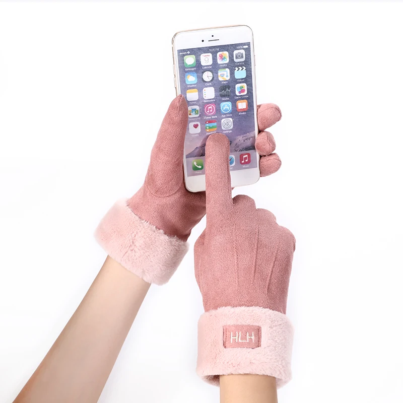 Winter Female Warm Suede Leather Letter Outdoor Sport Cycling Mitten Women Double Thick Plush Touch Screen Driving Glove 81B