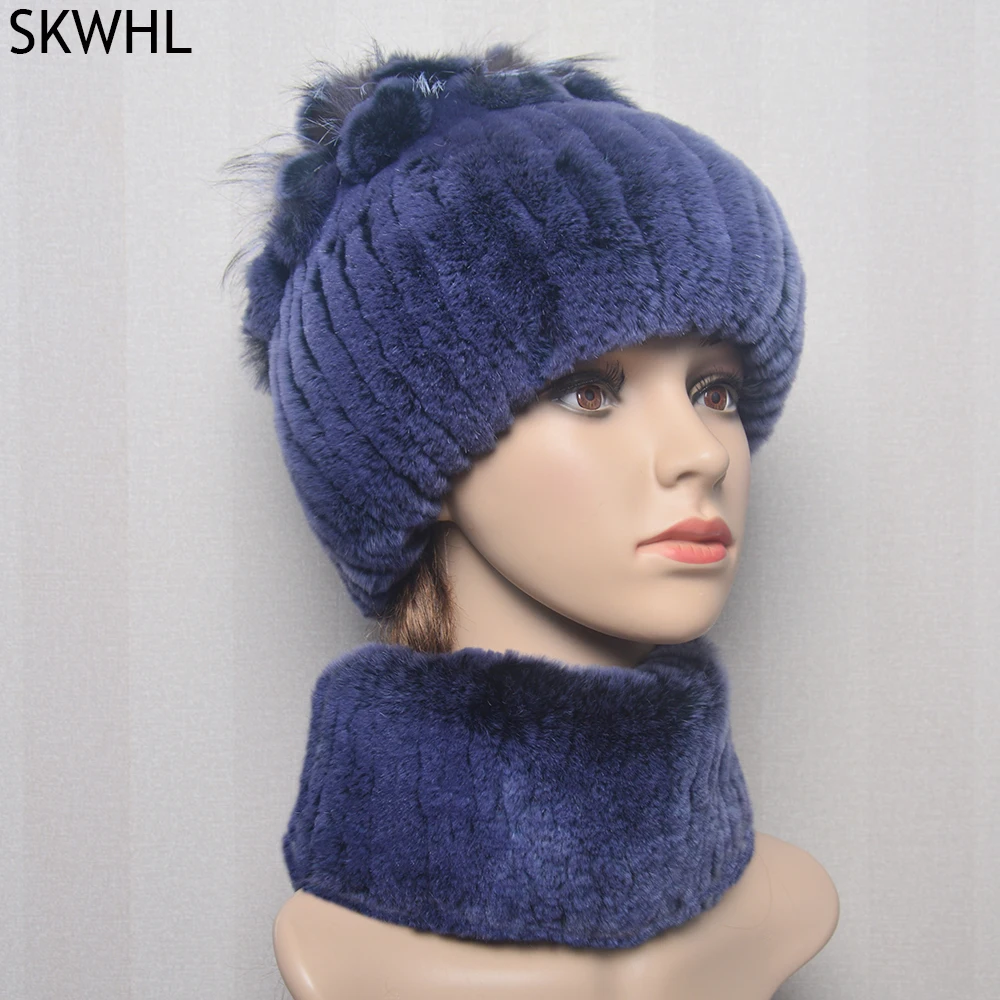 Hot Sale New Women Winter Fur Hat Scarf Sets Natural Warm Real Rex Rabbit Fur Cap Scarves Lady Knitted Genuine Fur Hats Muffler