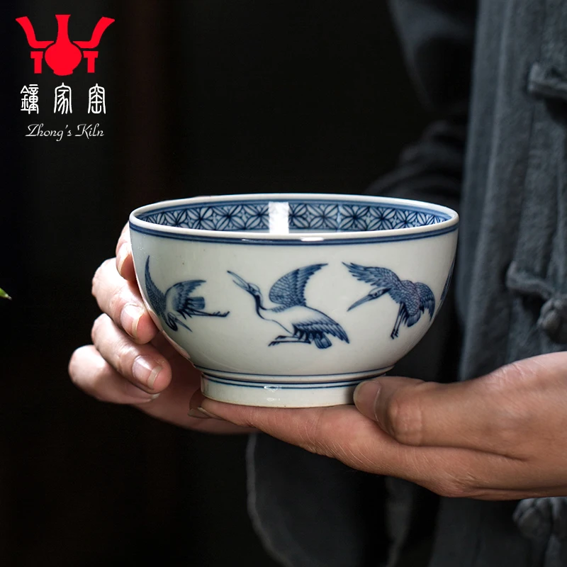 

|Clock home trade, one cup of single cup jingdezhen blue and white maintain all hand cranes peach ceramic cups cups male