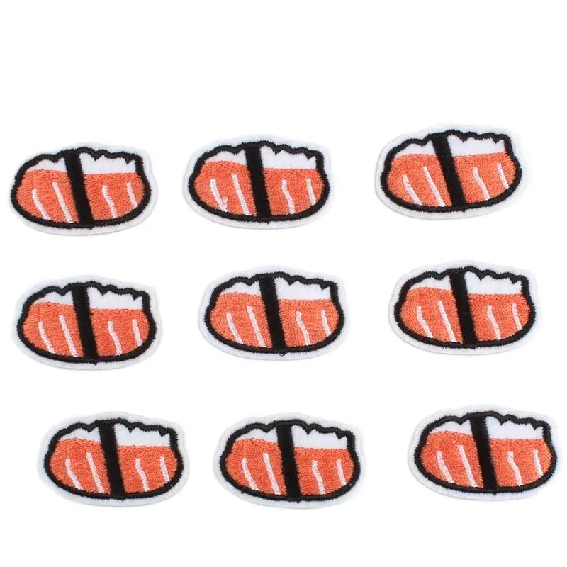 10pcs Cute Mini Sushi Patches Cartoon Foods Appliques Garments Stickers Iron On Embroidery Fabric Appliques For Bags Caps Decors