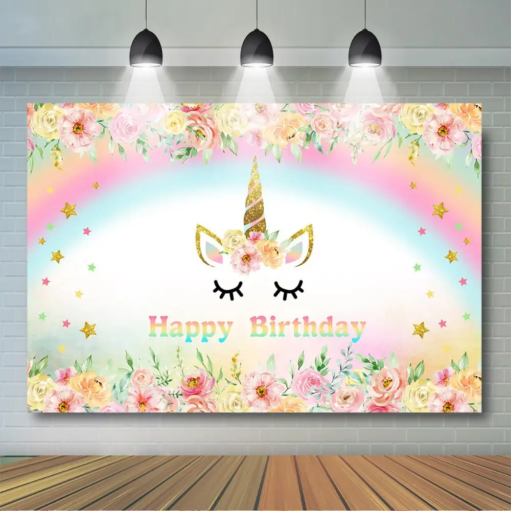 Mocsicska Unicorno Sfondo Floreale Arcobaleno Unicorno Sfondo fotografico Decorazioni per feste di compleanno per bambini Sfondo fotografico personalizzato