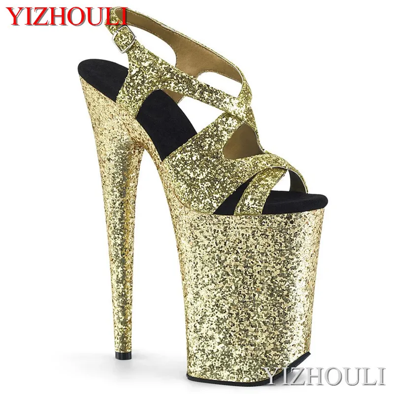 9 inch high heel sandals, cross-sequined vamp, bag heel 23 cm stiletto, fashion model pole dancing sandals