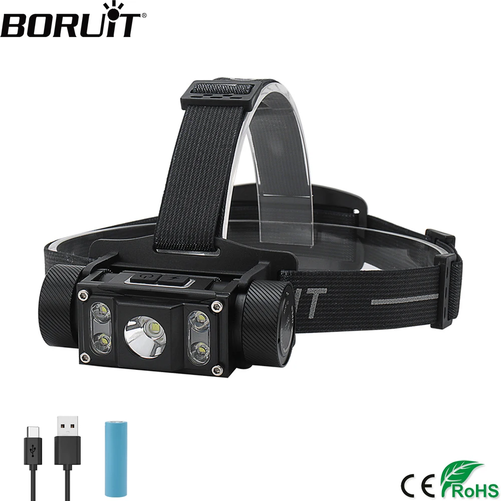 BORUiT Powerful LED Headlamp 6000LM Headlight TYPE C Rechargeable 21700 Battery Head Torch Waterproof Fishing Lantern