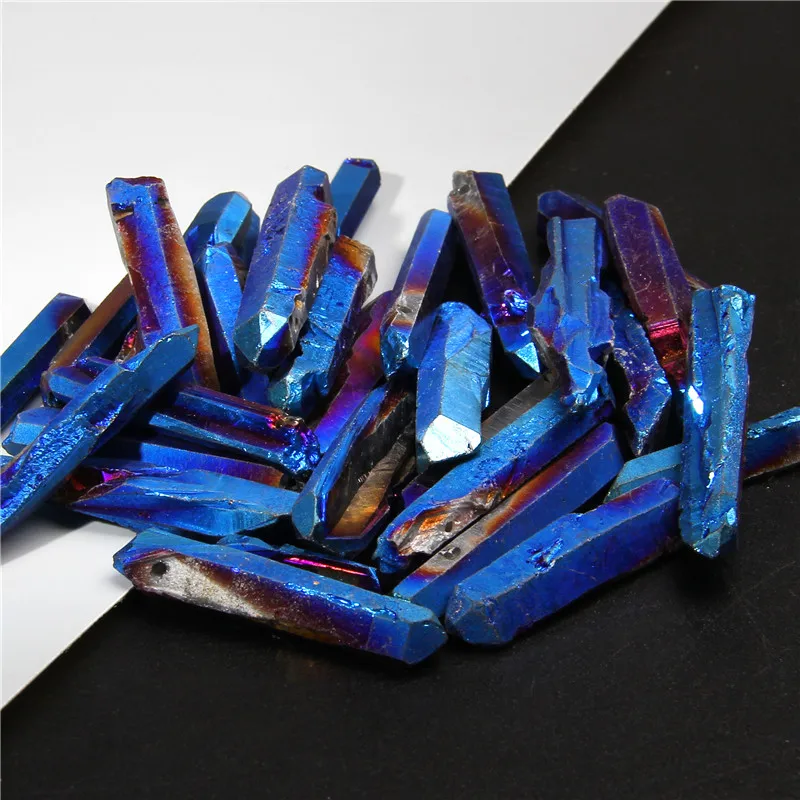 Top Drilled Blue Titanium AB Color Quartz Crystal Stick Beads Raw Crystals Loose Beads Spike Point Necklace Beads Jewelry Making