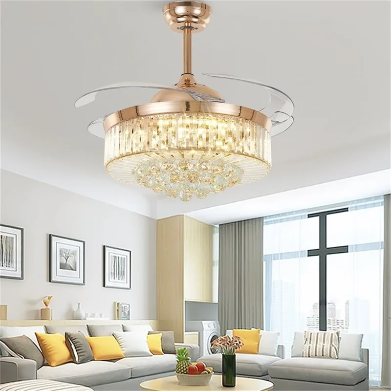 Hongcui Ceiling Fan Light Invisible Luxury Crystal Silvery LED Lamp With Remote Control Modern For Home