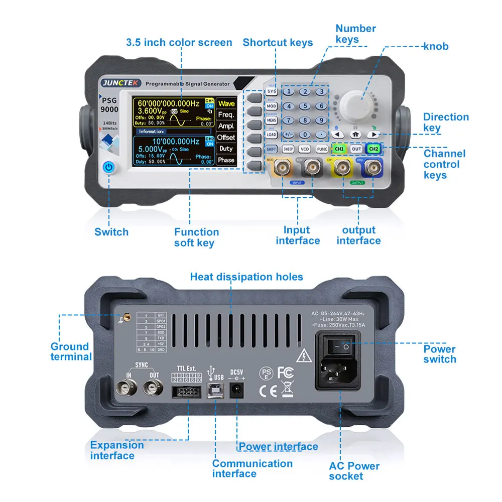 Hattek-デジタル制御可能なwifiアダプター,60m dds,ダブルチャネル,任意のデジタル制御,5つの調整可能な周波数計機能信号発生器