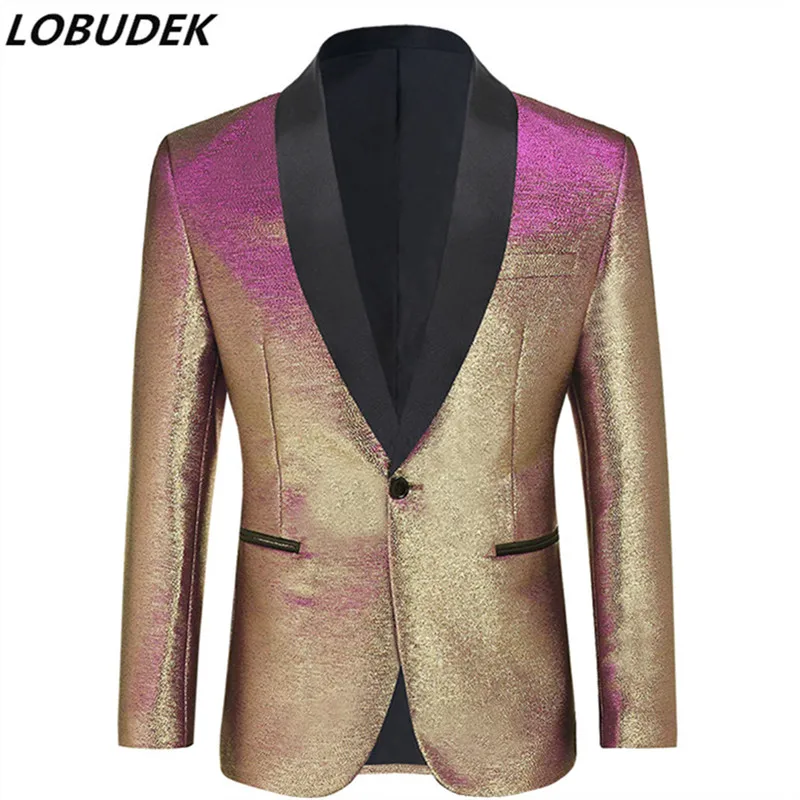 Shawl Collar Shiny Silk Suit Jackets Men Singer Host Slim Thin Blazers Tuxedo Stage Clothes Prom Wedding Groom Suit Coat Costume