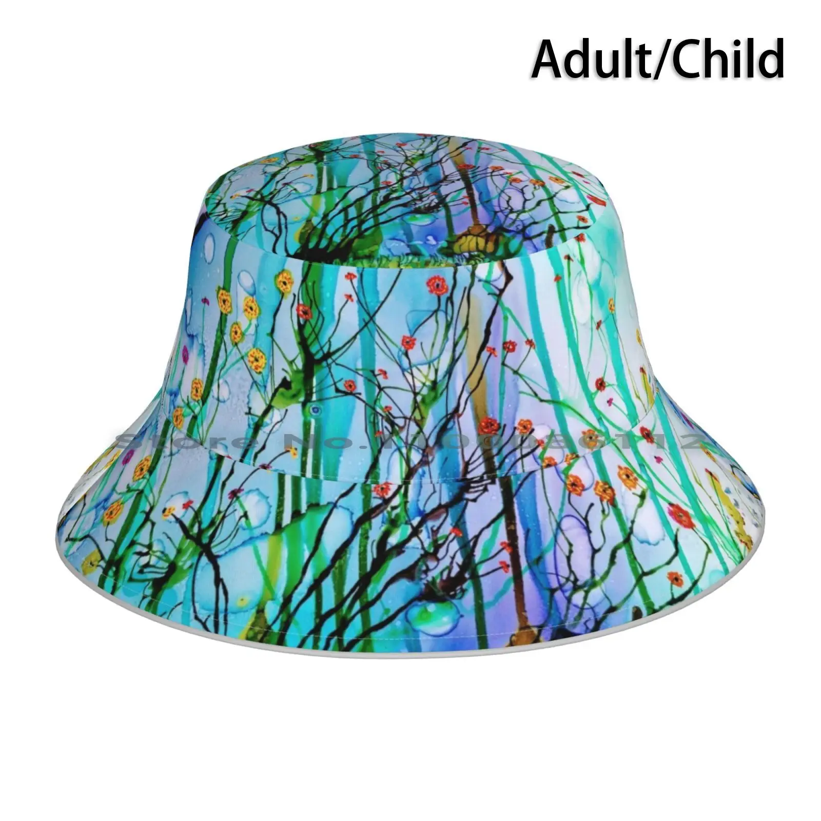 Forest Floor Bucket Hat Sun Cap Forest Floor Blue And Green Wildflower Magical Forest Belinda Subraman Mystical House Brimless