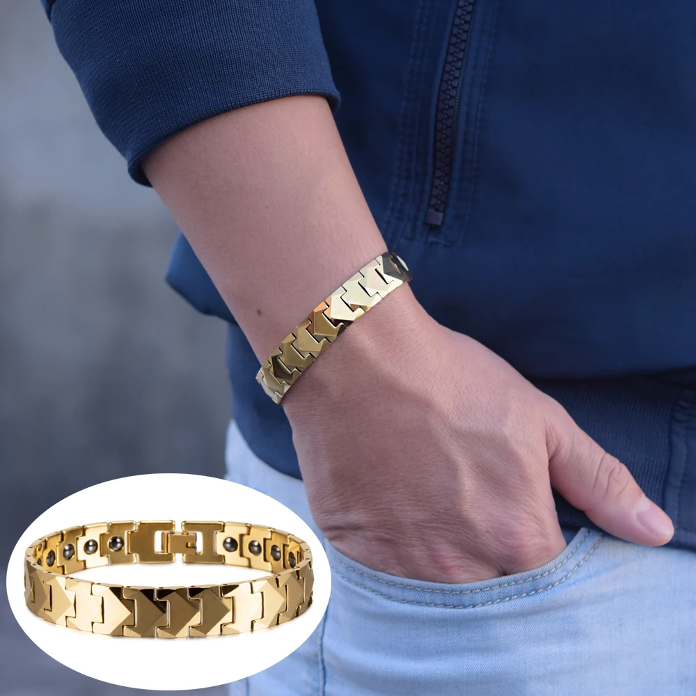 Anti-scratch Tungsten Bracelet Men 12mm Wide Arrow Wristband Magnetic Homme Gold-color Chain Shiny Energy Hematite Jewelry Male