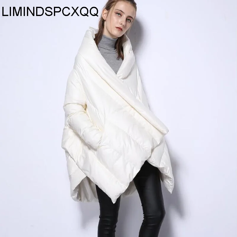 Irregular Hooded 95% White Duck Down Jackets 2023 Cloak Clothing Thicken Hidden Button Long Sleeve Fashion Coats Winter Womens