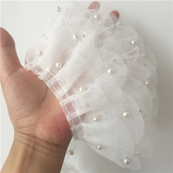 6CM Wide Modern Tulle White 3D Lace Bridal Applique Glitter Beads Ruffle Trim Wedding Dress Clothing Sewing Guipure Supplies