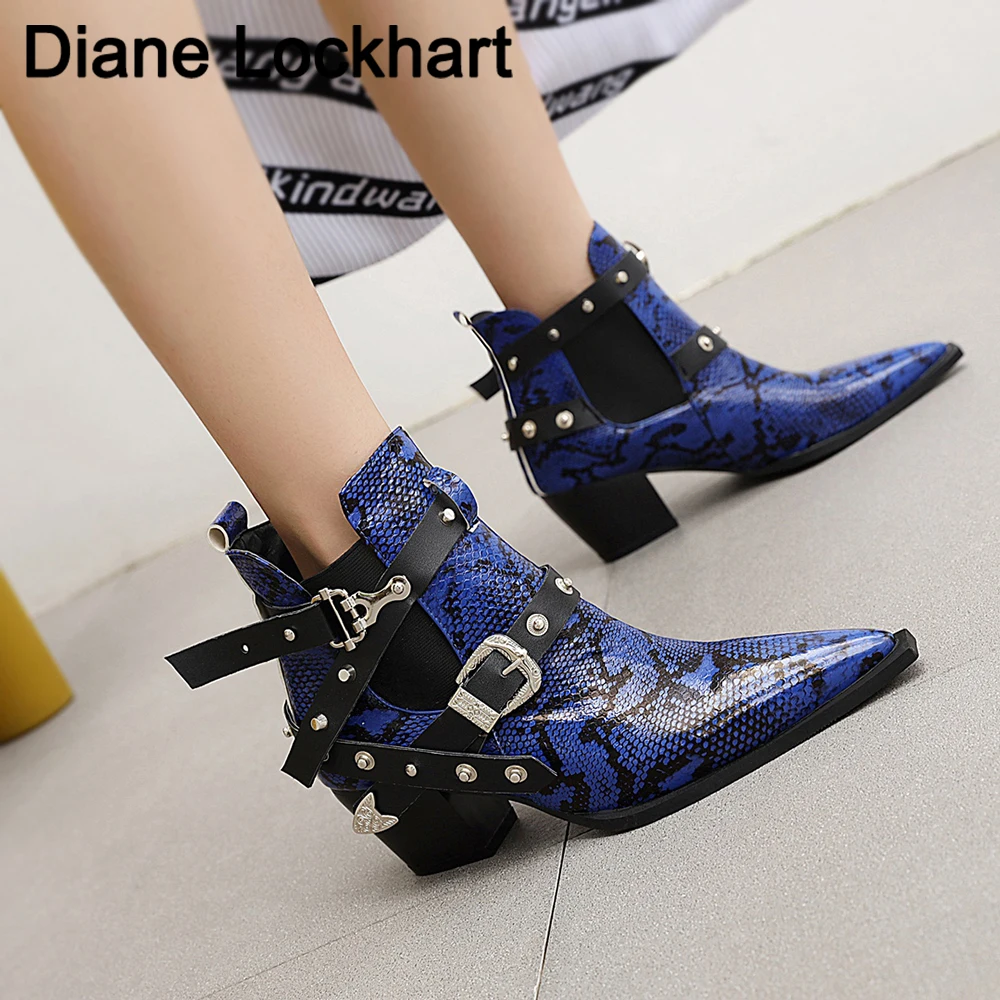 Western Cowboy Boots Women Snake PU Leather Short Cossacks High Heels Cowgirl Booties Buckle Ankle botas Shoes 2023 Motorcycle