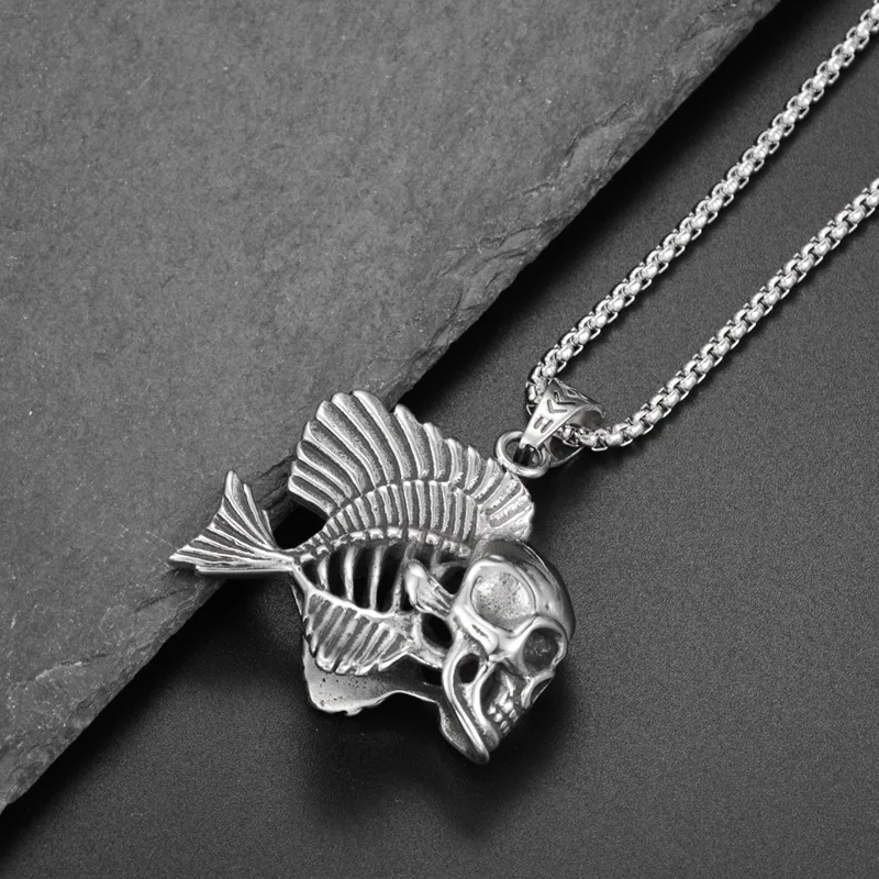 Charm Skeleton Fish Pendant Necklace Hip Hop Rock Fashionable Men Women Simple Necklace Sweater Chain Accessories Jewelry