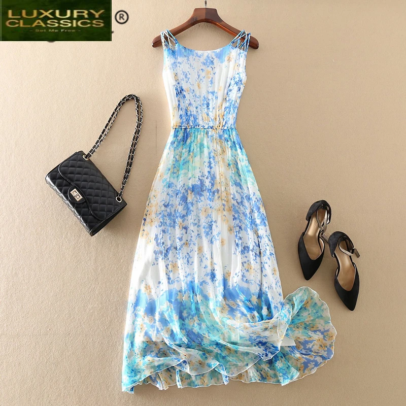 

Silk Boho Dresses Real 2021 Summer Chiffon Sexy Slim Women Casual Beach Dress Bohemia Floral Sleeveless Long Dress 18011