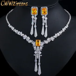 CWWZircons Luxury Yellow CZ Stone Dangle Drop Long Tassel Wedding Earrings Necklace Big Dubai Bridal Dress Jewelry Sets T375