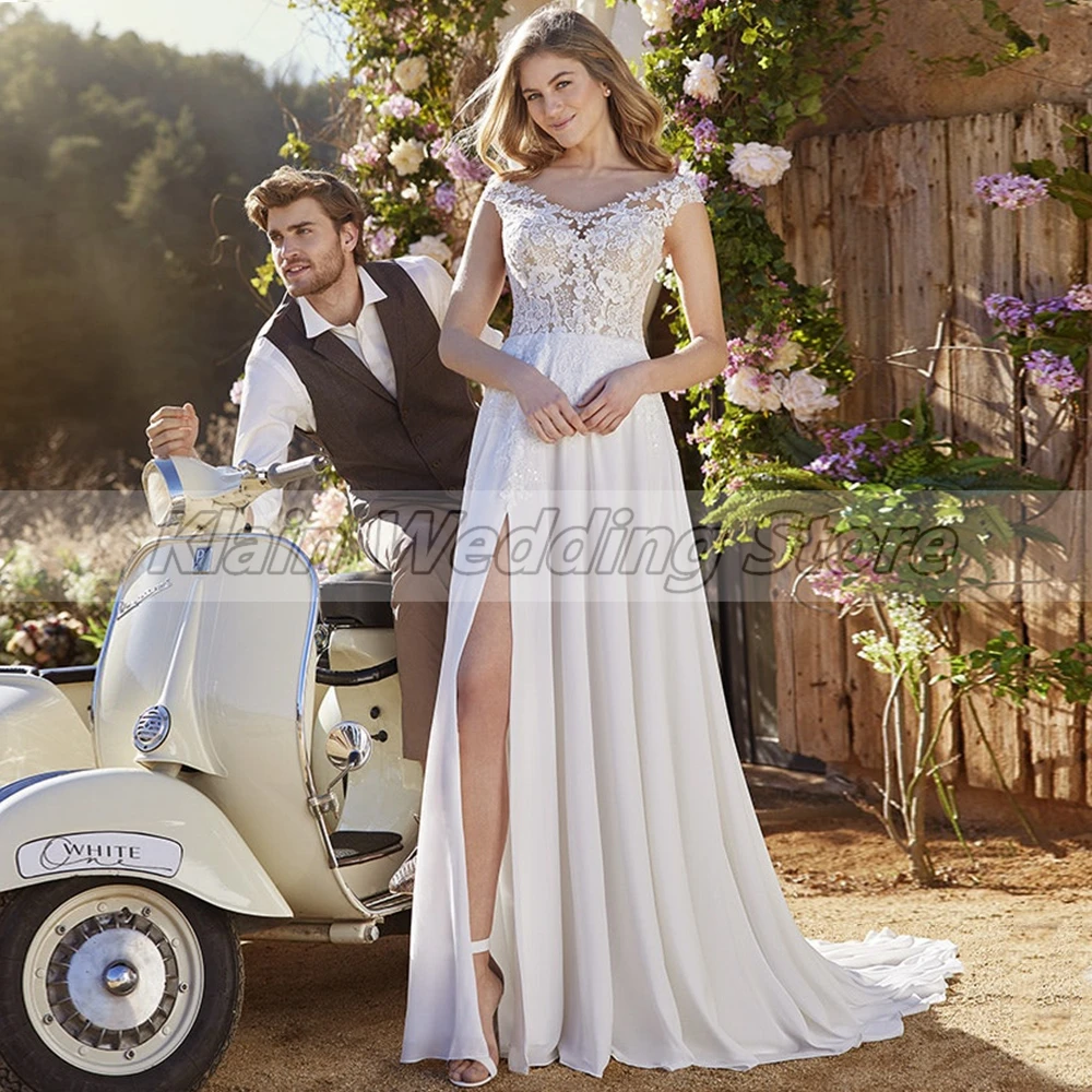 Affascinante abito da sposa con spacco laterale a-line per la sposa 2021 Scoop Appliques in pizzo con maniche a berretto corsetto in Chiffon su misura