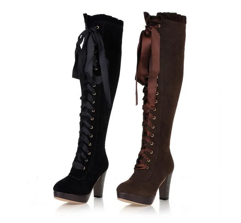 Lady Boots Rock Shoes Woman Sexy Thigh High Heels High Sexy Lace Up Clogs Platform Round Toe Luxury Designer Ladies  Women