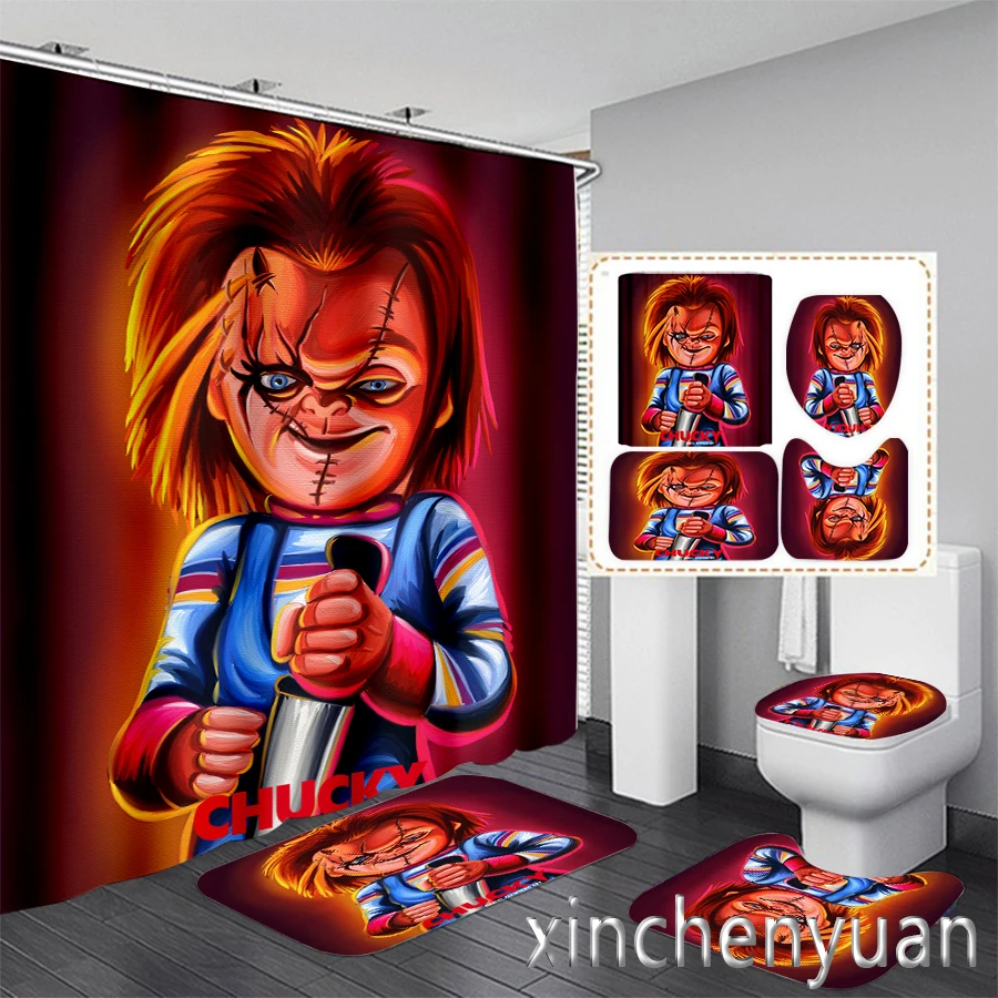 Horror Movie Chucky 3D Printing Waterproof Bathroom Shower Curtain Toilet Cover Mat Non-Slip Floor Mat Rug (1/3/4Pcs) W07