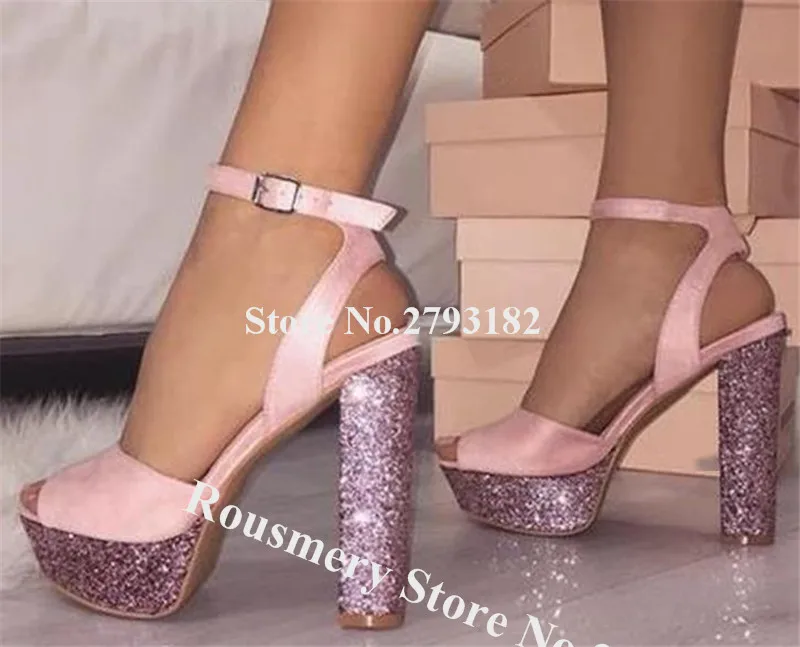 

Bling Bling Women Glitters High Platform Chunky Heel Sandals Pink Yellow Patchwork Thick High Heel Sandals Wedding Heels