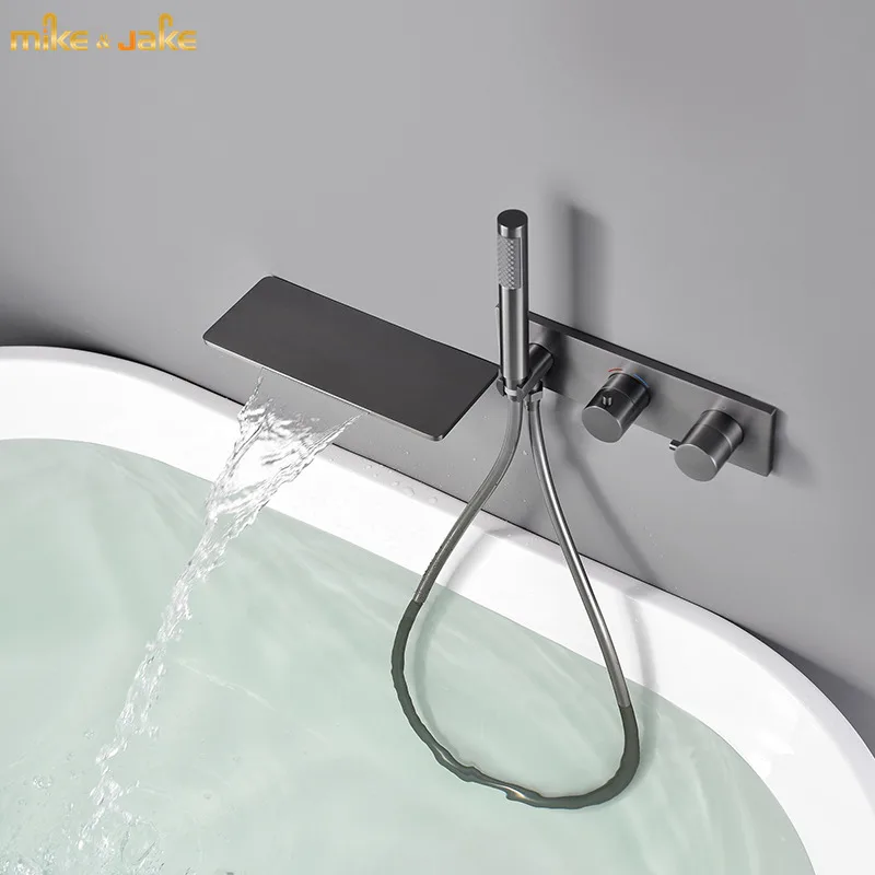 

Bathroom waterfall gunmetal matte gray bathtub faucet hot &cold bathroom bath waterfall basin black mixer water fall bath mixer