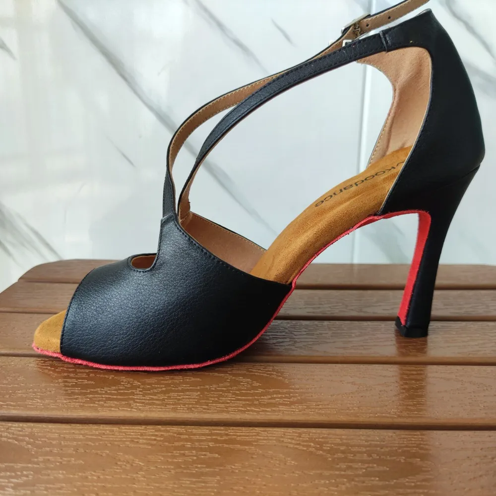 Evkoodance-zapatos de baile latino de salón para mujer, calzado de cuero negro para Salsa y Social, suela de ante artesanal, zapatos de baile de