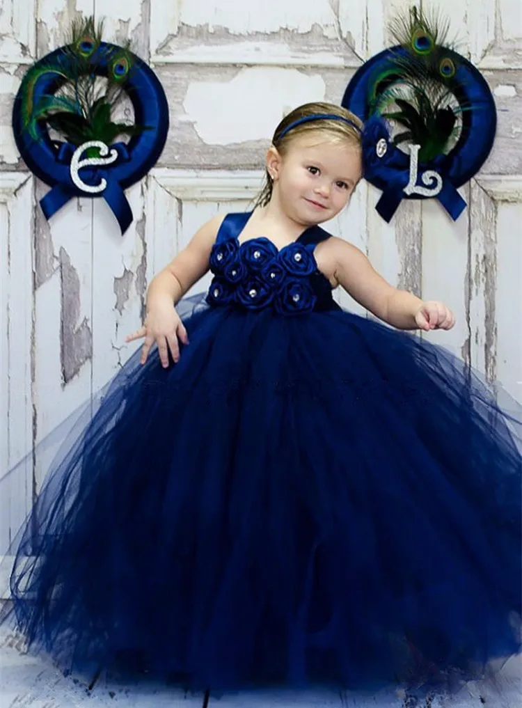 Girls Navy Pearl Flower Tutu Dress Kids Tulle Strap Evening Dress Ball Gown with Hairbow Children Birthday Party Costume Dresses