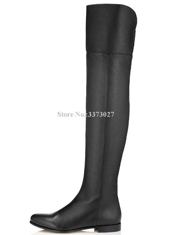 Black Leather Woman Flat With Long Boots Fashion Round Toe Over the Knee Knight Boots Lady Large Size Casual Boots