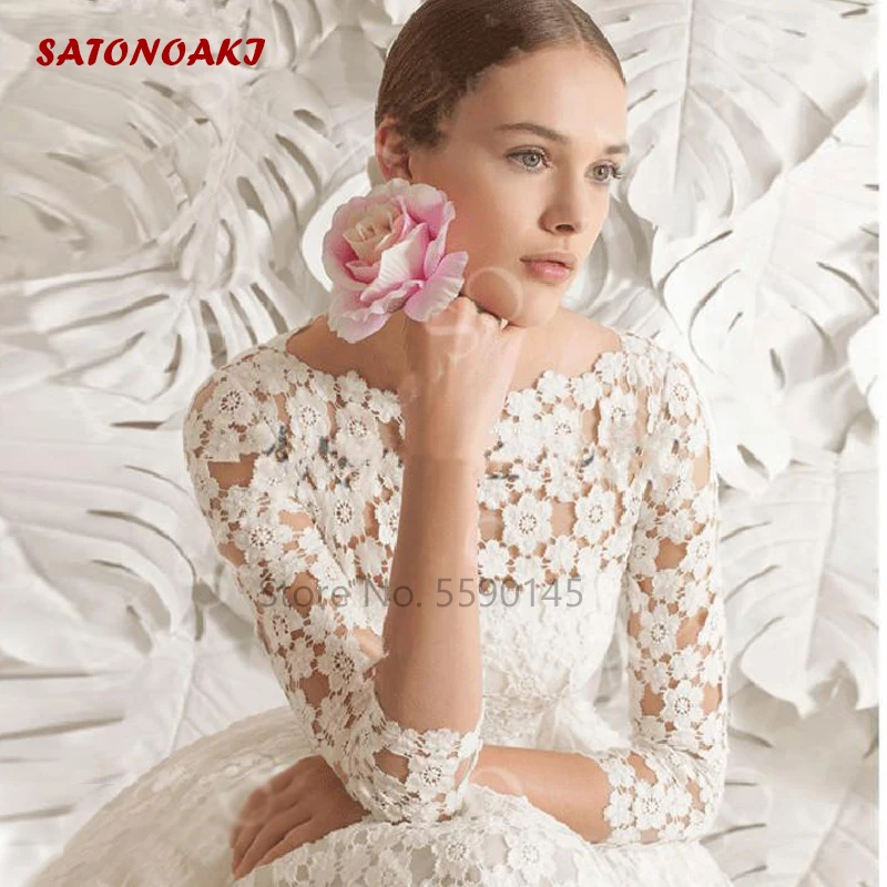 Vestido de noiva curto com renda elegante, decote redondo, altura do joelho, manga comprida, linha A simples, vestido de noiva formal, Novia Online,