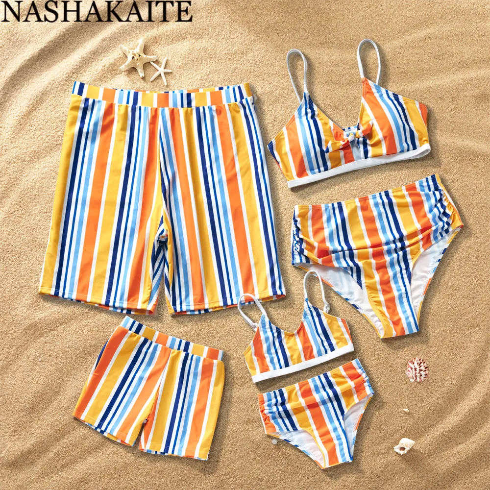 NASHAKAITE Family Swimsuits Colorful Striped Front Bow-knot Swimsuit For Mother Daughter Summer Beachwear Family Swimming suit