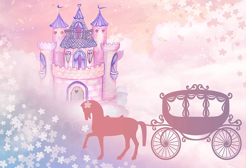 Mehofond Princess Castle Carriage Photo Background Pink Flower Petal Clouds Girl Birthday Party Photography Backdrop Photophone