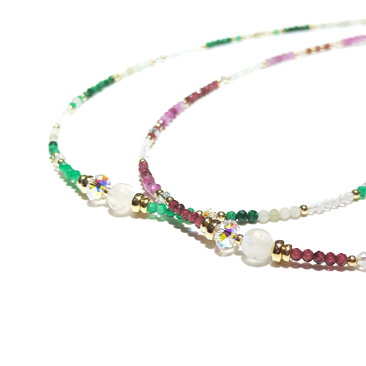 Lii Ji Natural Ruby Garnet Moonstone Jade Malachite Austrian Crystal  Choker 14K Gold Filled Handmade Adjustable Necklace 38+3cm