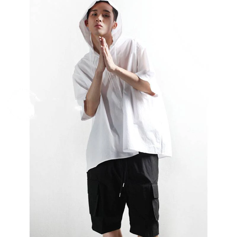 

Korean version of fashion men's summer hooded short-sleeved shirt light luxury shirt half-sleeved Loose Cape Bat shirt personali