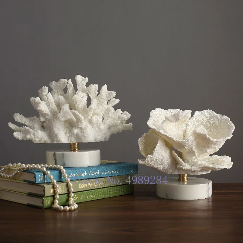 Creativity Resin Artificial Coral Artificial Coral Handicraft Furnishings White Marble Base Home Decoration Simulation Animal