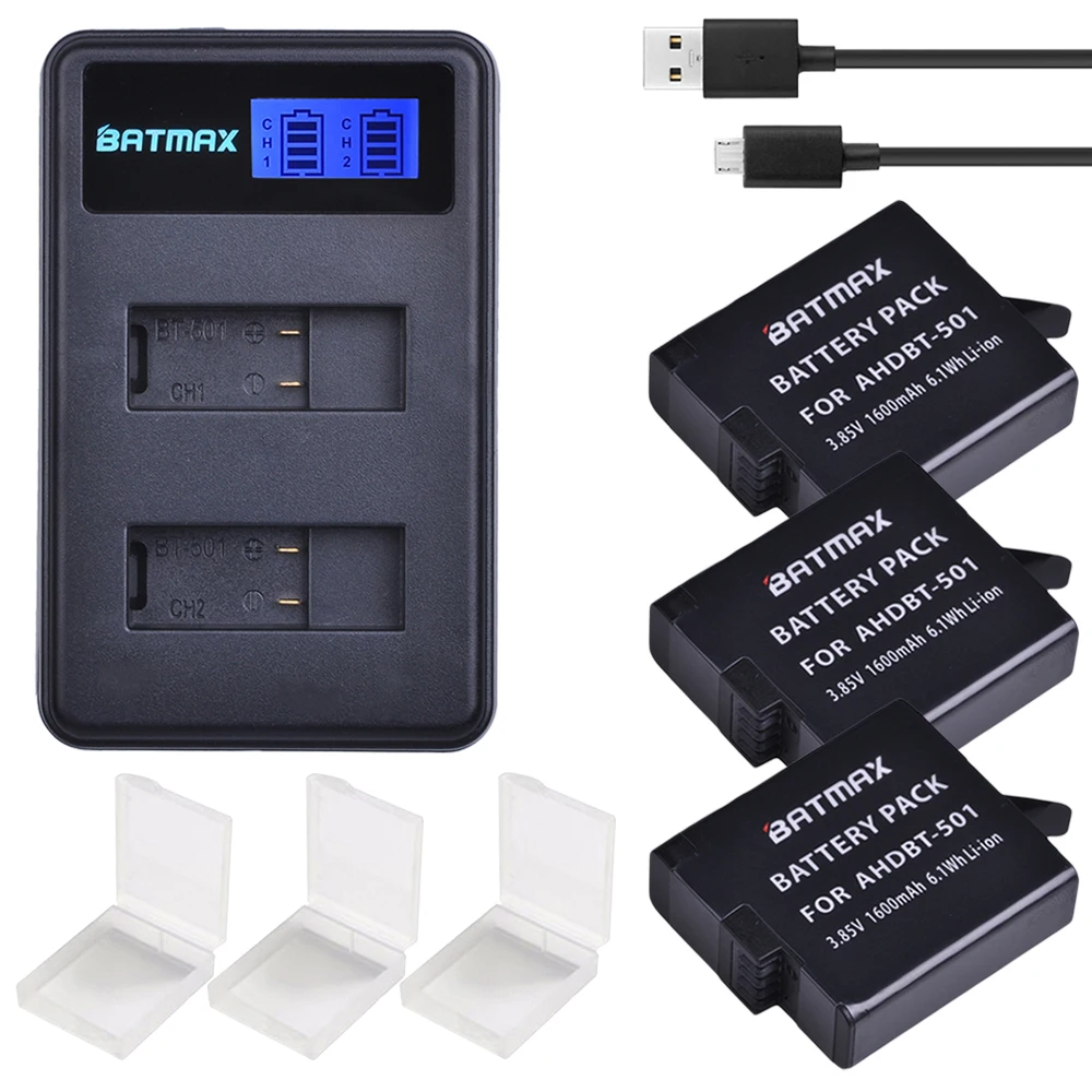 

Batmax 3pcs 1600mAh AHDBT-501 Battery akku+LCD Display USB Dual Charger for GoPro 5 Gopro 6 New Gopro hero 7 Gopro 8 Camera