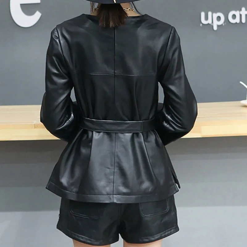 Women OL Style Real Leather Jacket Flare Sleeve V-Neck Pullover Short Sheepskin Coat Brand Street Office Lady Loose Sashes Tops