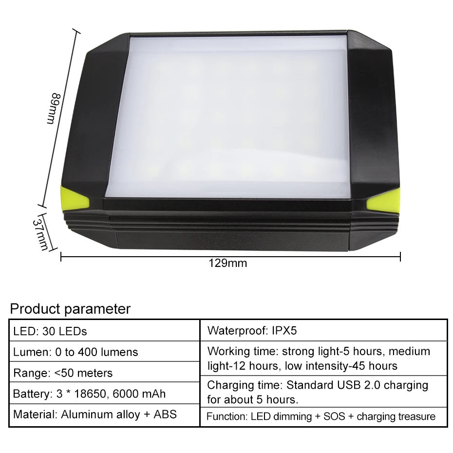 Luz LED de trabajo para tienda de campaña, reflector portátil con carga USB, impermeable, 6000mAh, para senderismo y Camping