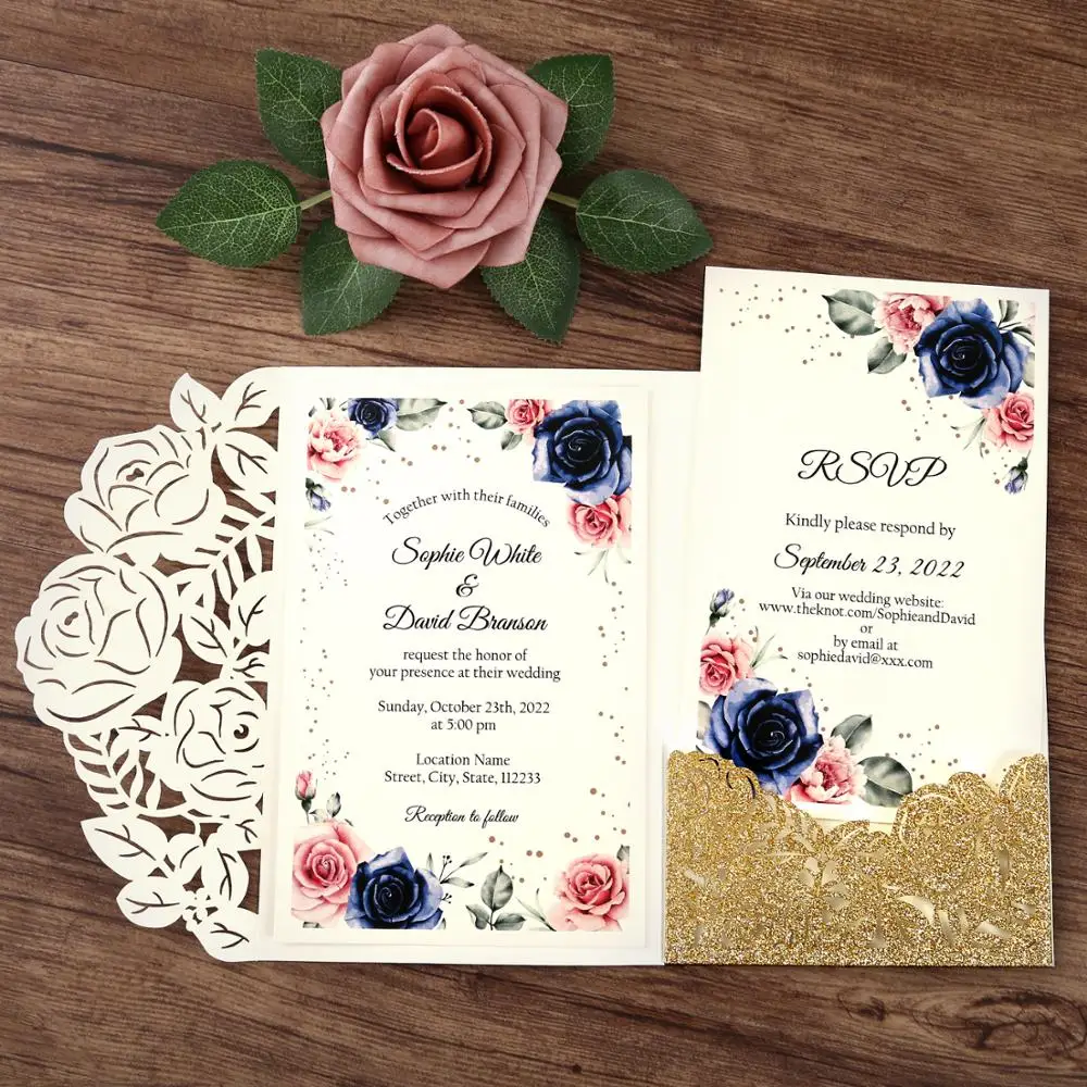 50pcs Glitter Laser Cut Wedding invitations Customized Printing Cards for Wedding (5 Colors)