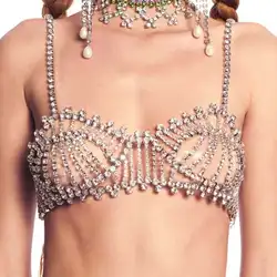 Women Gift Sexy Body Chain Bra Jewelry Open Round Top Body Chains Rhinestone Harness Party Club Charming Women Jewellery