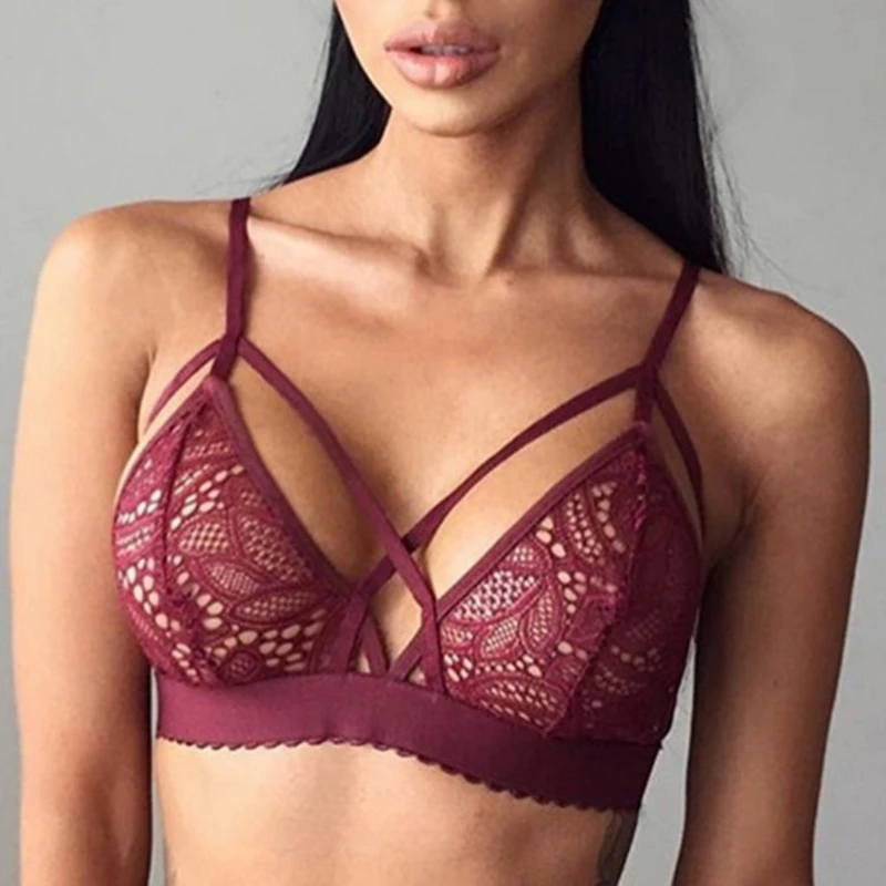 

Sexy Women Cross Bandage Crop Tank Top Floral Lace Bra Seamless Bralette Bustier fitness body building invisible fly bra 2019