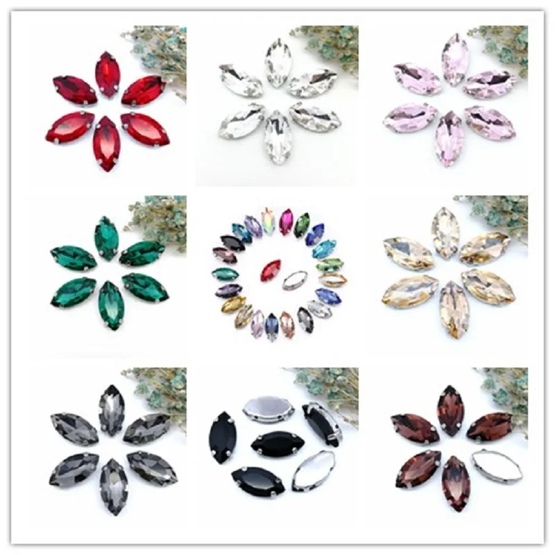 Strass en Verre en Forme d\'Oeil de Cheval/Cuir oral elu, avec Griffe à Coudre, Pierre de Clip Strass, Base en Métal Diamant pour Vêtements, 4-32mm