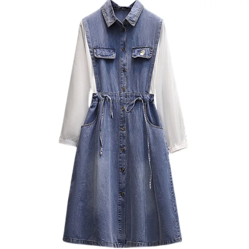 

Spring Autumn Women Clothing Elegant Denim Dress Turndown Collar Long Sleeve Midi Dress Large Plus Size Bandage Party Vestidos