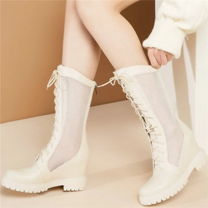 High Top Fashion Sneakers Women Genuine Leather High Heel Roman Gladiator Sandals Female Summer Lace Up Mid Calf Riding Boots