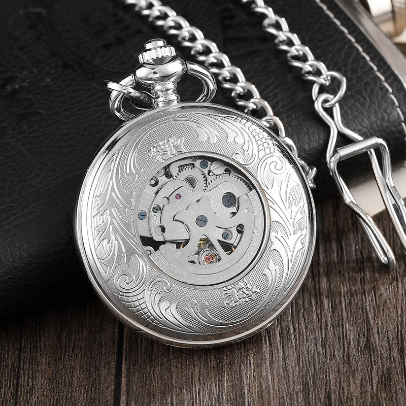 2020 Fashion Silver Engraved Hand Wind Mechanical Pocket Watch For Men Women Vintage Steampunk Fob Skeleton Watch Male Gift