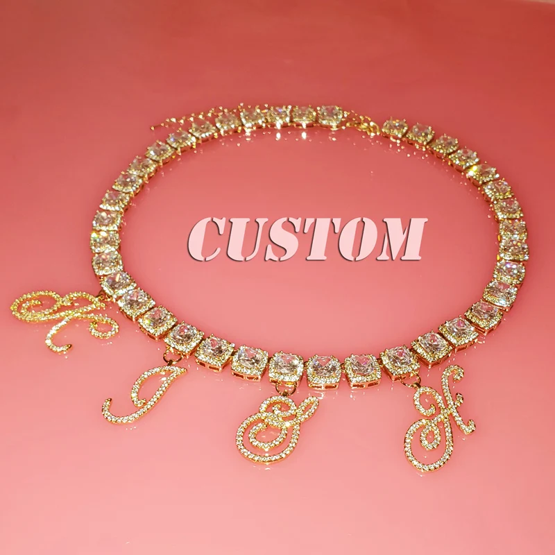 Custom Name Necklace 1 CM Square Chain Hang Script Letters Customized  Word Pendants Hip Hop Jewelry